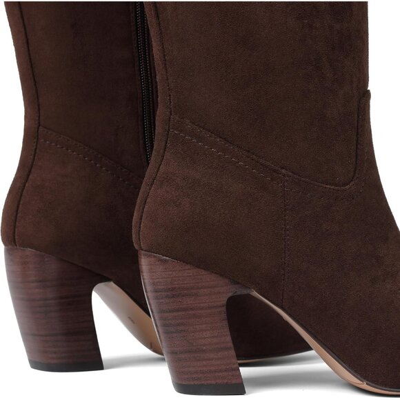 Women Knee High Chocolate Boot Square Toe Chunky Heel Wide Calf Tall Zipper Boot - Picture 7 of 7